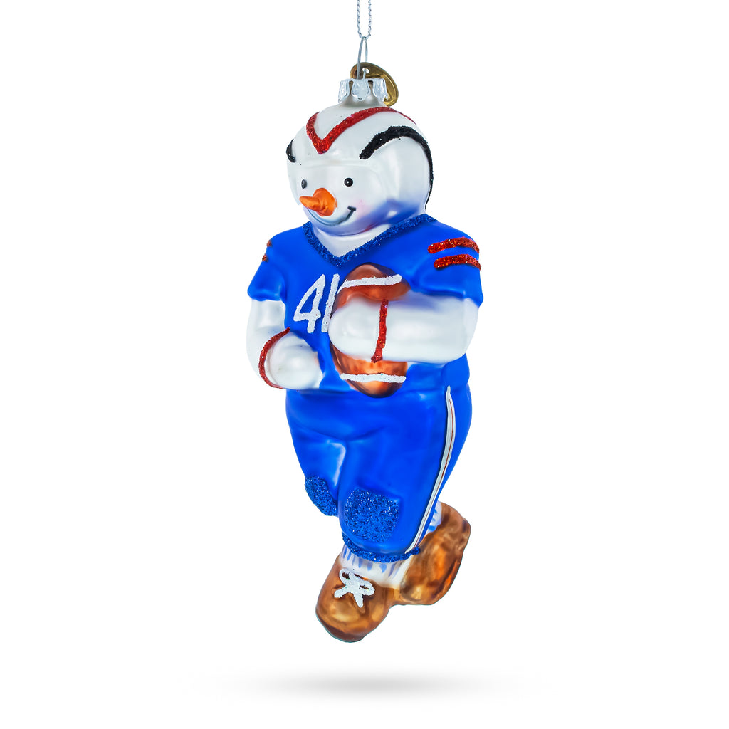 Snowman Football Player Glass Christmas Ornament in Blue color Figurine