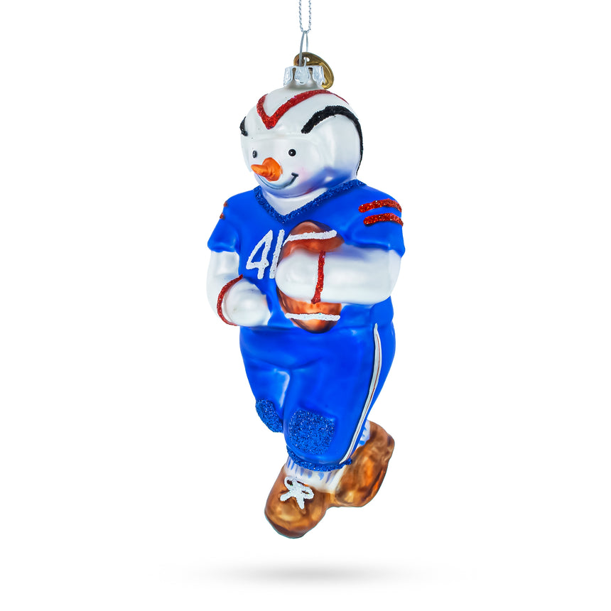 Snowman Playing Football Blown Glass Christmas Ornament in Multi color