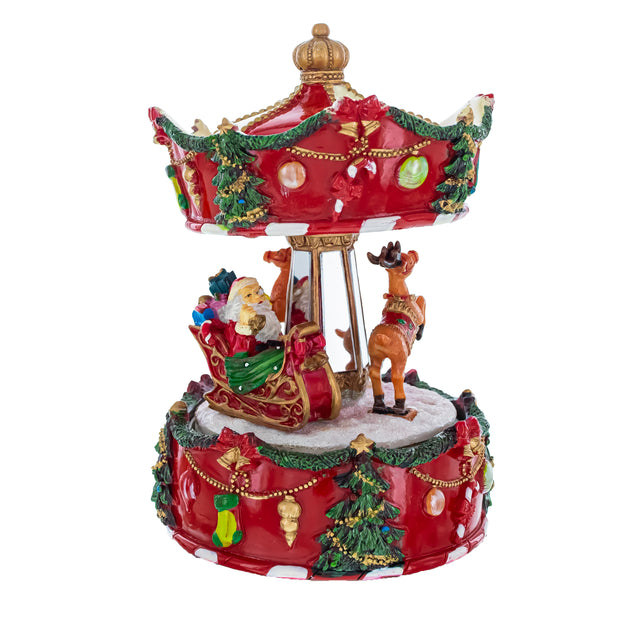 Resin Santa's Reindeer Carousel: Spinning Christmas Musical Box with Delightful Motion in Red color