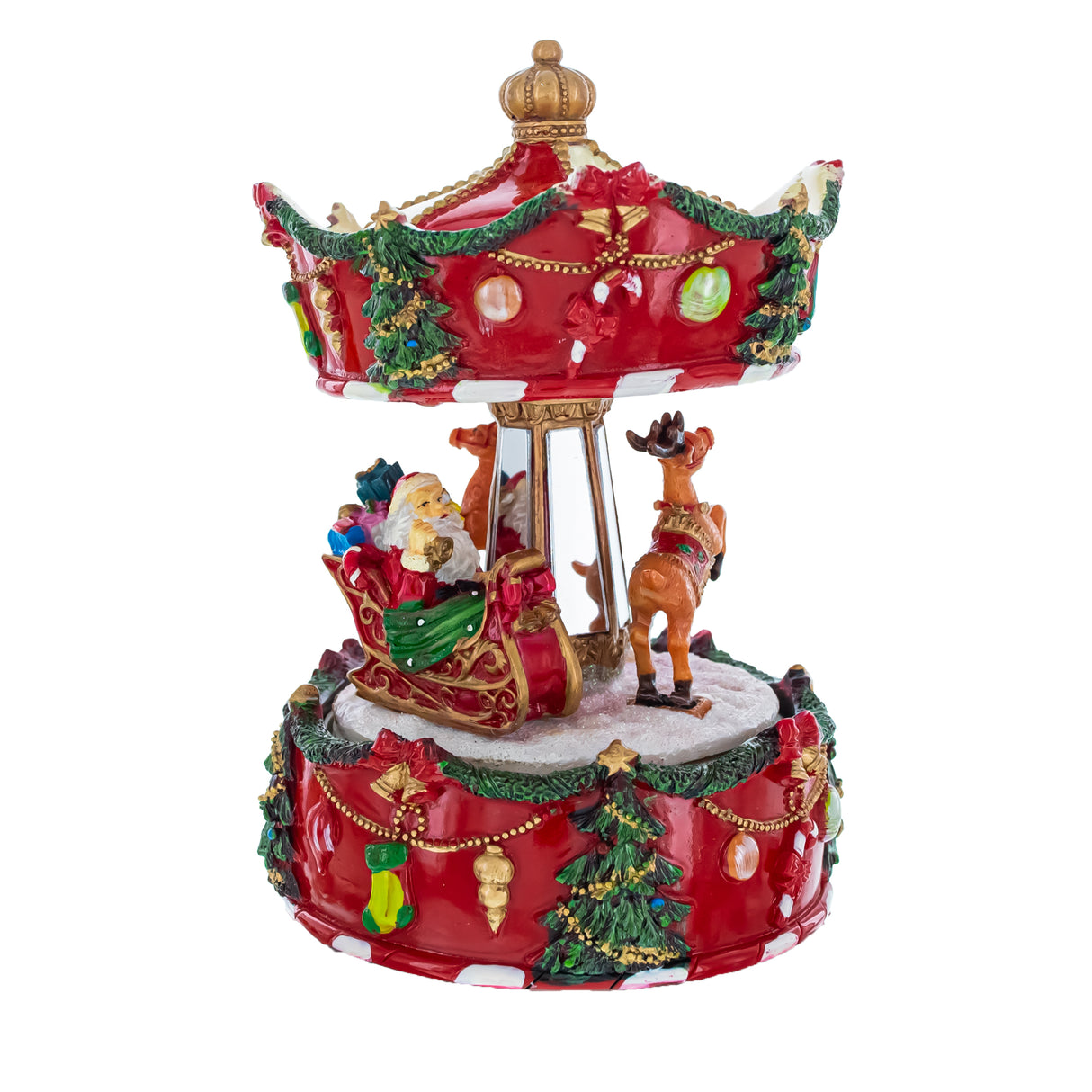 Resin Santa's Reindeer Carousel: Spinning Christmas Musical Box with Delightful Motion in Red color