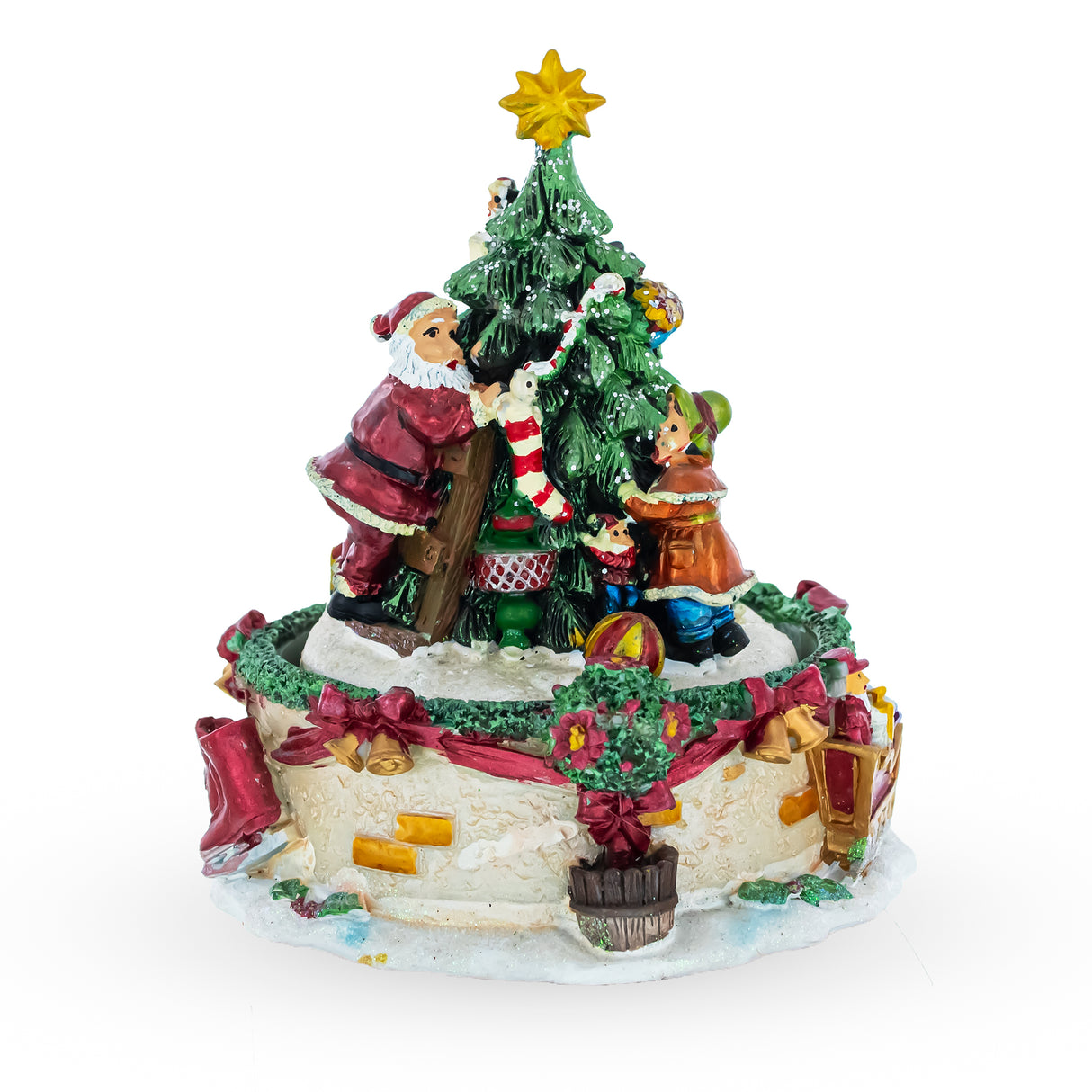 Resin Festive Tree Decorating Duo: Spinning Musical Christmas Figurine with Santa and Girl in Multi color Triangle