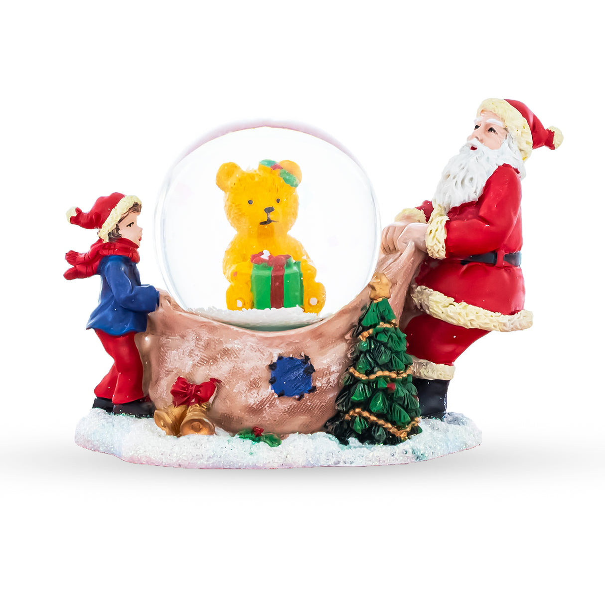 Resin Santa's Teddy Surprise: Mini Water Snow Globe with Gift-Unwrapping Scene in Multi color