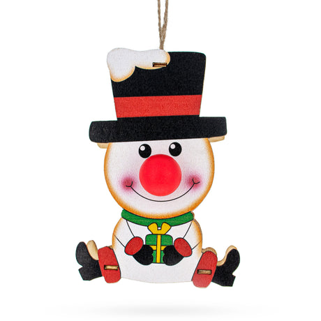 Wooden Snowman Christmas Ornament with Light Up Nose Cutout in White color,  shape