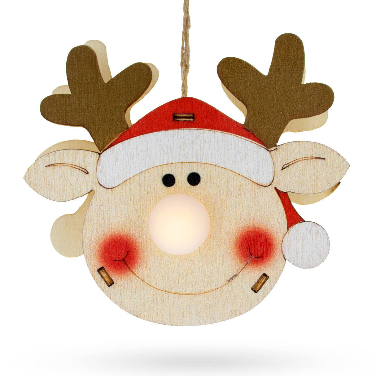 Wood Wooden Reindeer Christmas Ornament with Light Up Nose Cutout in White color