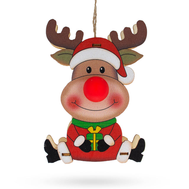 Wood Wooden Reindeer with Present Christmas Ornament with Light Up Nose Cutout in White color
