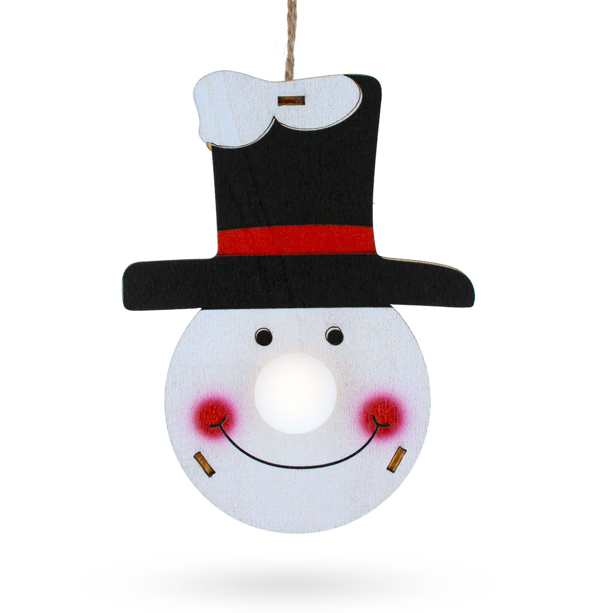 Wooden Snowman in Hat Christmas Ornament with Light Up Nose Cutout in White color,  shape