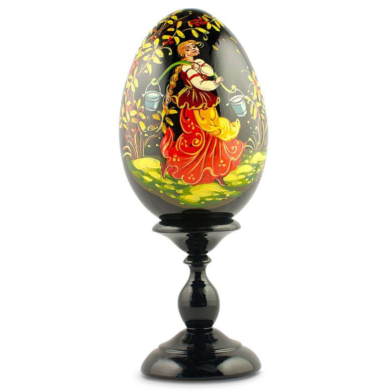 Girl Carrying Water Collectible Wooden Easter Egg 6.25 Inches in Multi color, Oval shape