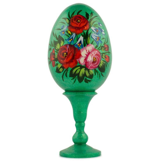 Roses Bouquet Wooden Easter Egg in Green color, Oval shape