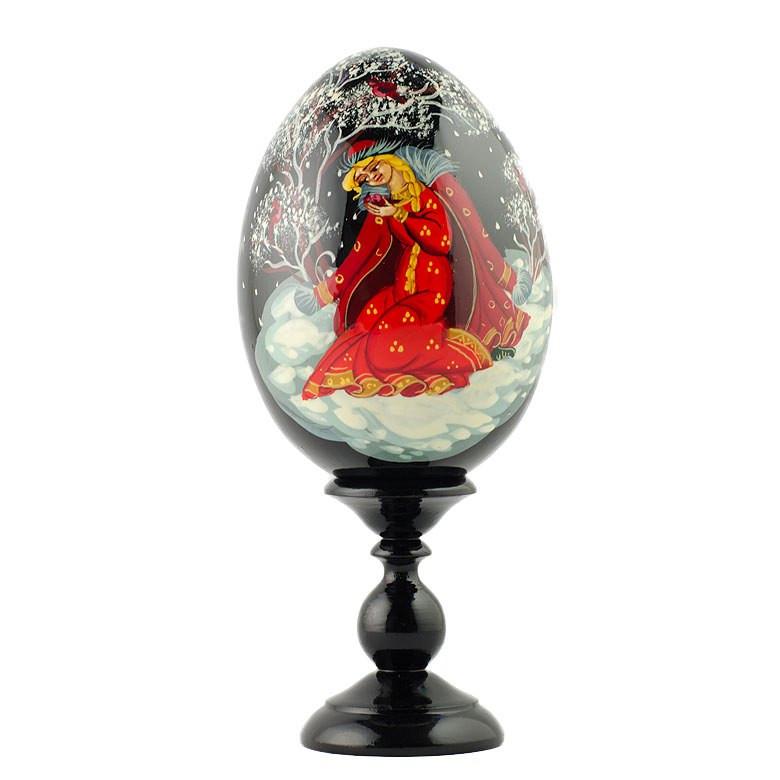 Snowy Forest Scene with Maiden Wooden Easter Egg 6.25 Inches in Multi color Oval