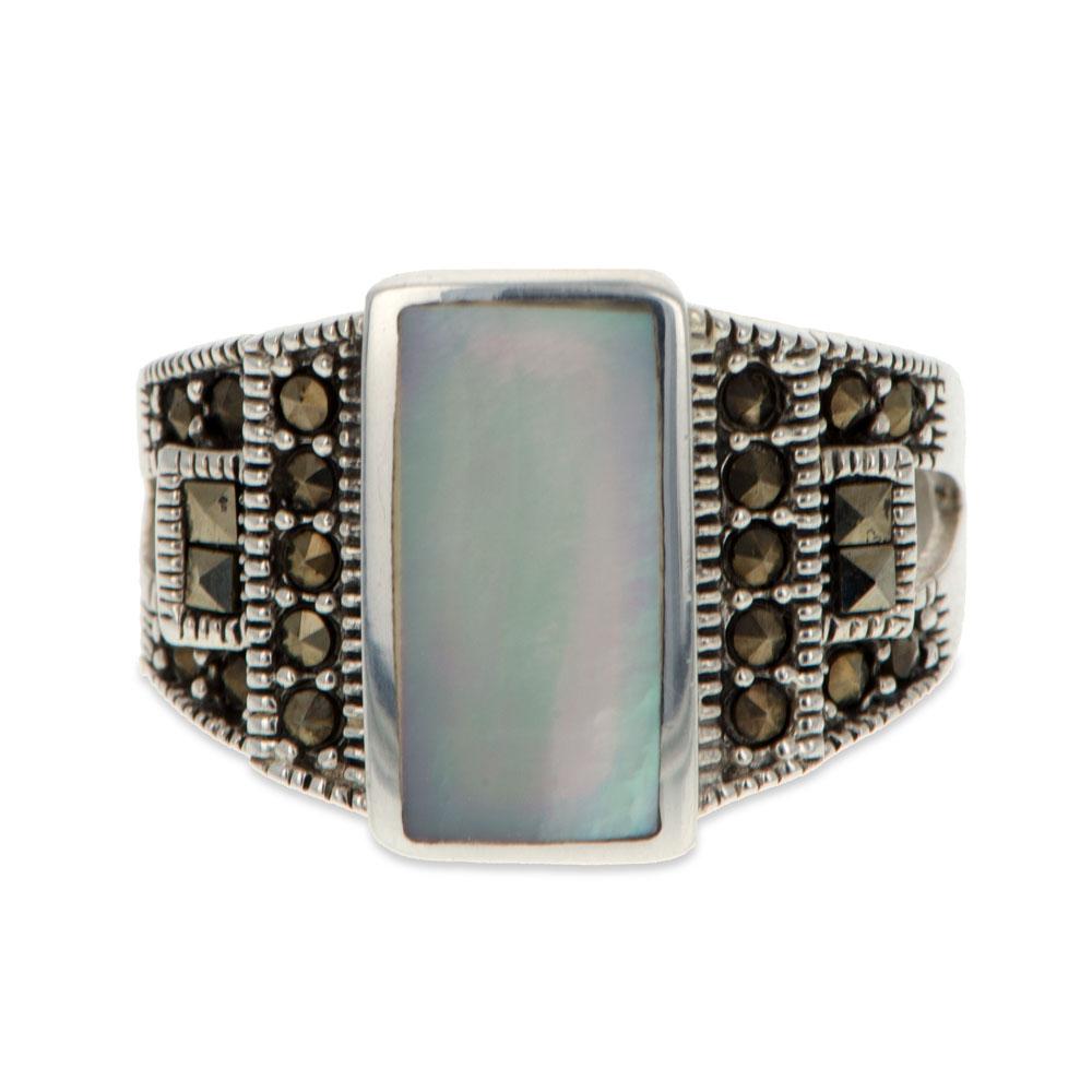 Shell and Marcasite Sterling Silver Ring (Size 7) in Silver color,  shape