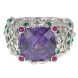 Crystal Glass CZ Design Sterling Silver Ring (Size 8) in Purple color,  shape