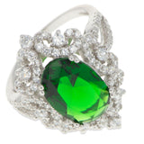 Green Oval CZ Rhodium Sterling Silver Ring (Size 7) in Green color