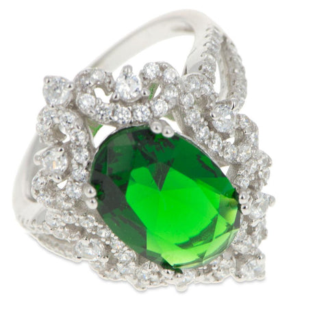 Green Oval CZ Rhodium Sterling Silver Ring (Size 7) in Green color