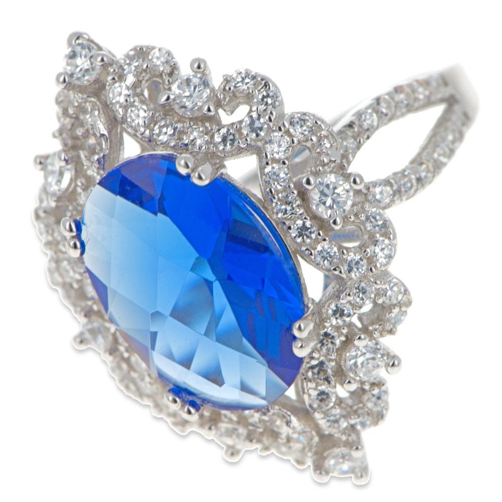Blue Oval CZ Rhodium Sterling Silver Ring (Size 6) in Blue color,  shape