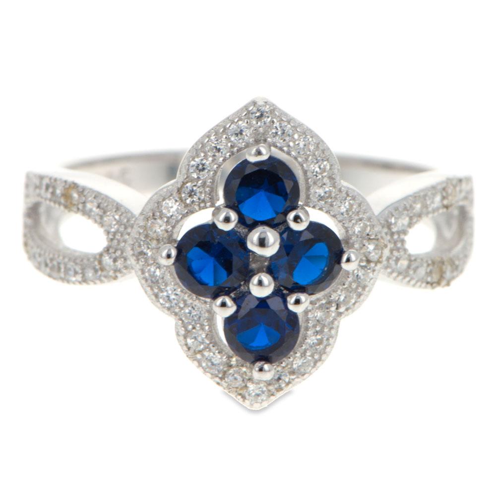 Blue CZ Flower Sterling Silver Ring (Size 8) in Blue color