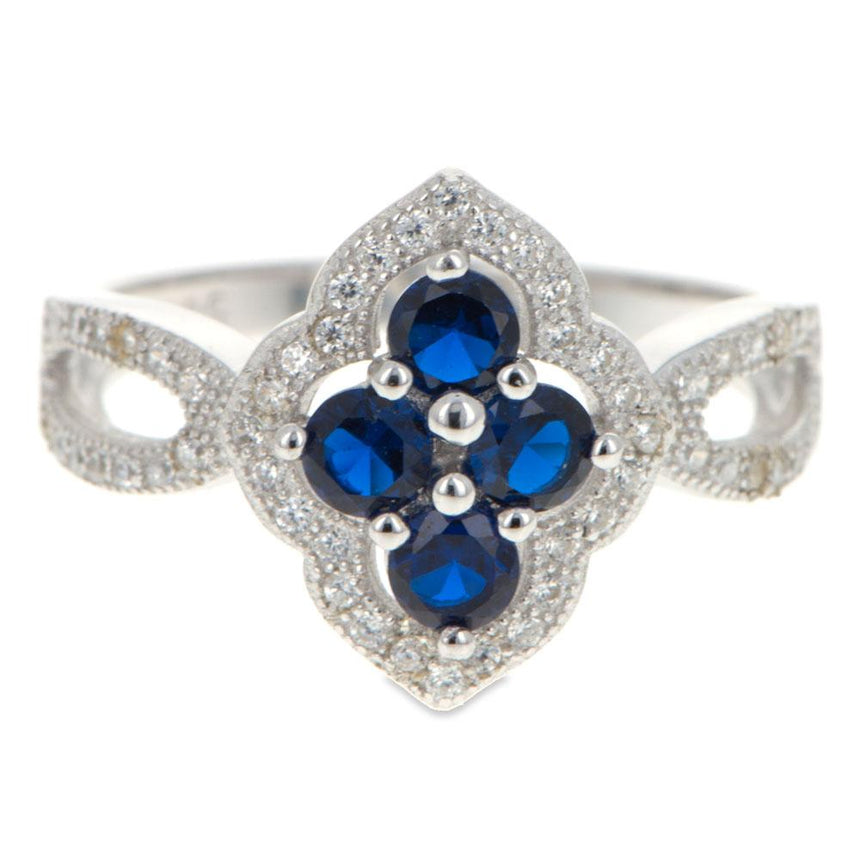 Blue CZ Flower Sterling Silver Ring (Size 7) in Silver color