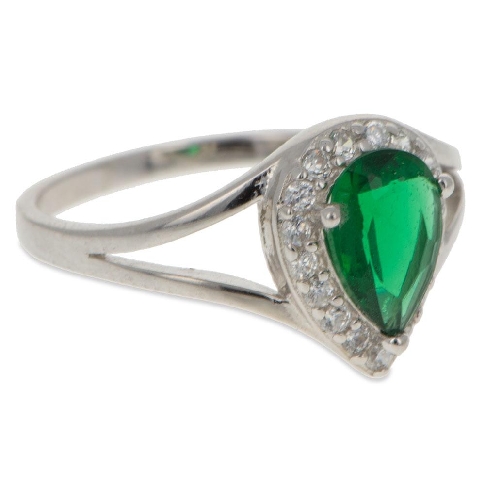 CZ Rhodium Plated Sterling Silver Ring (Size 8) in Green color