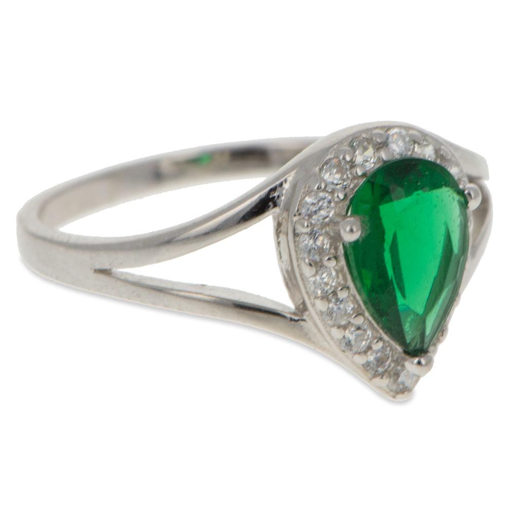 CZ Rhodium Plated Sterling Silver Ring (Size 7) in Green color,  shape