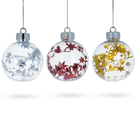 Set of 3 Colorful Stars Clear Plastic Christmas Ornaments 4 Inches in Clear color Round