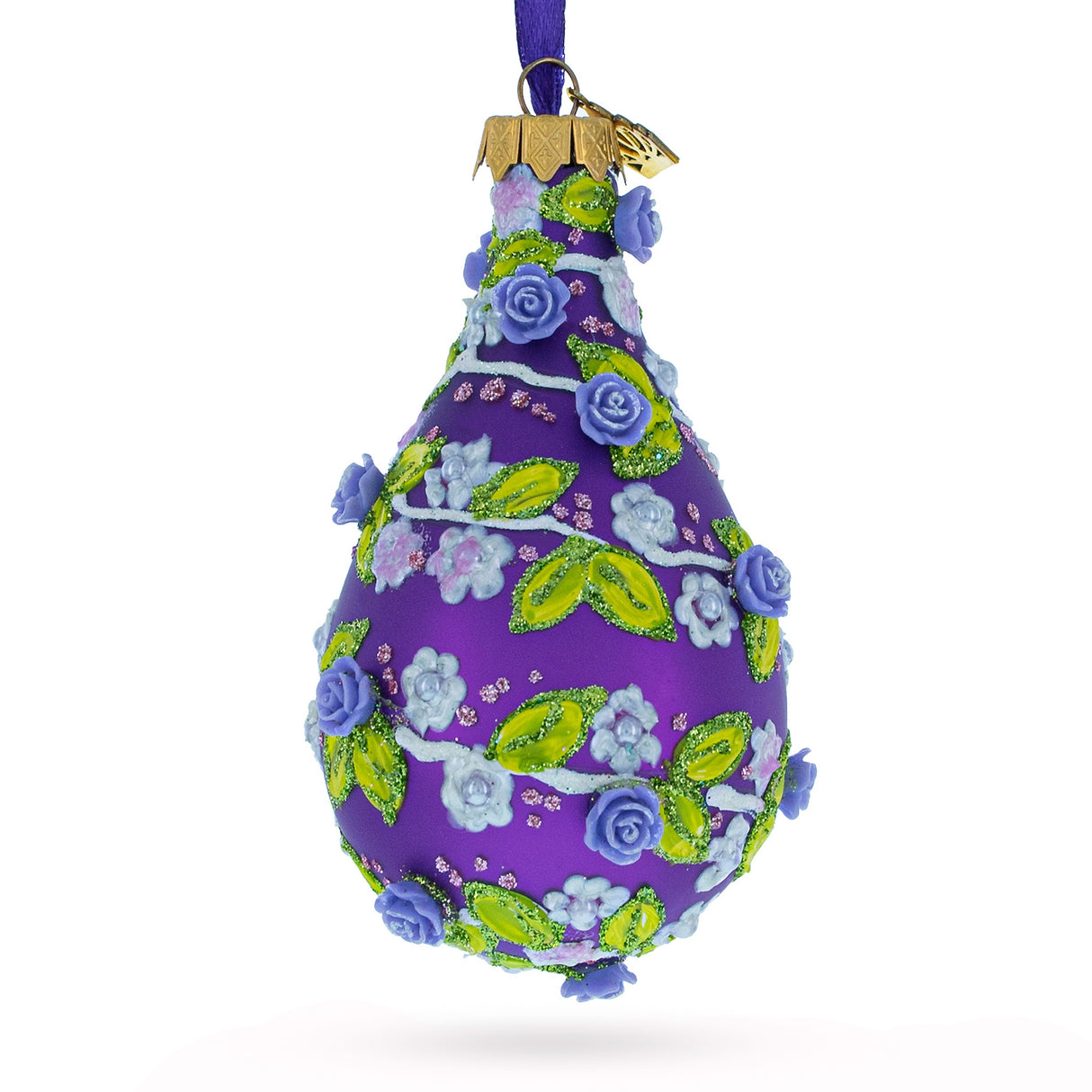 Embossed Roses on Purple Waterdrop Finial Glass Christmas Ornament in Purple color,  shape