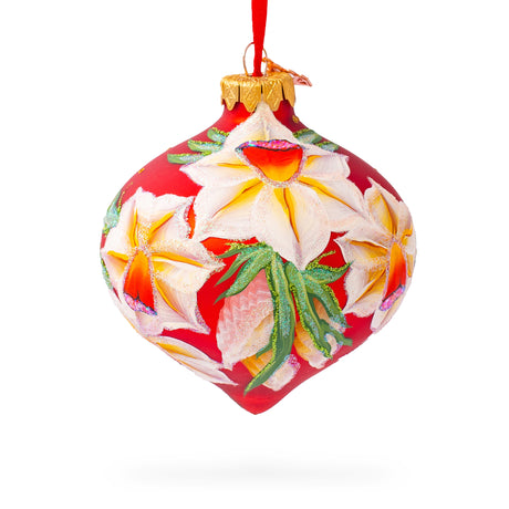 Glass Narcissus Flowers Glass Onion Finial Christmas Ornament in Red color Rhombus