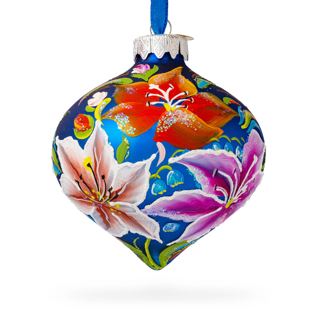 Multicolored Lilies Glass Onion Finial Christmas Ornament in Blue color, Rhombus shape
