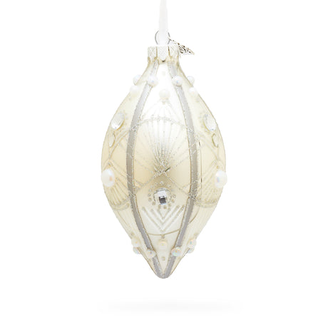 Pearls on Silver Pointed Teardrop Finial Glass Christmas Ornament in White color Finial