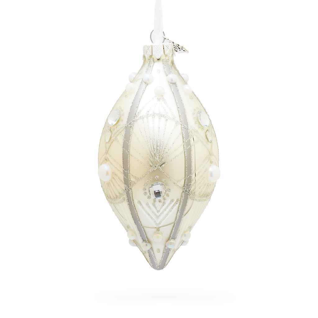 Pearls on Silver Pointed Teardrop Finial Glass Christmas Ornament in White color Finial