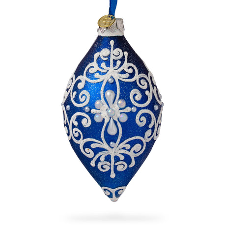 Damask on Blue Glass Rhombus Christmas Ornament in Blue color, Rhombus shape
