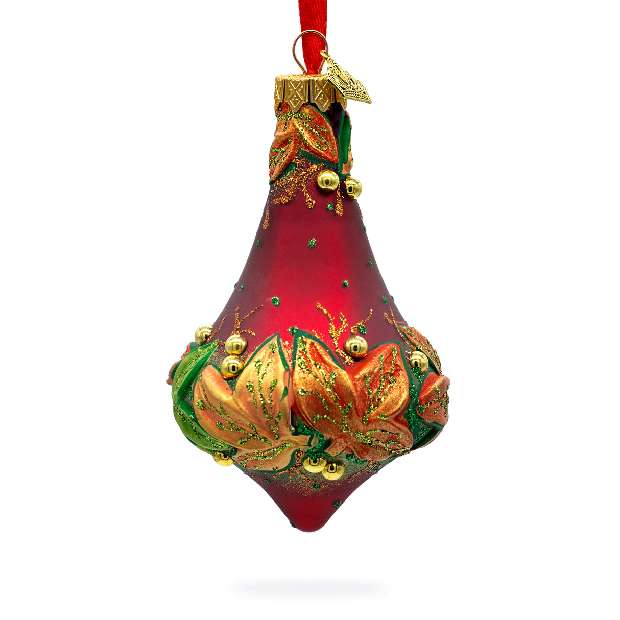 Leaves on Red Glass Bell Finial Christmas Ornament in Red color,  shape