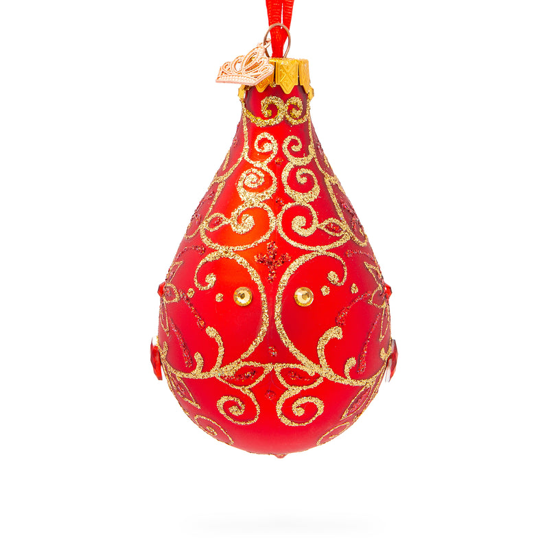 Golden Flowers on Red Glass Waterdrop Finial Christmas Ornament in Red color,  shape