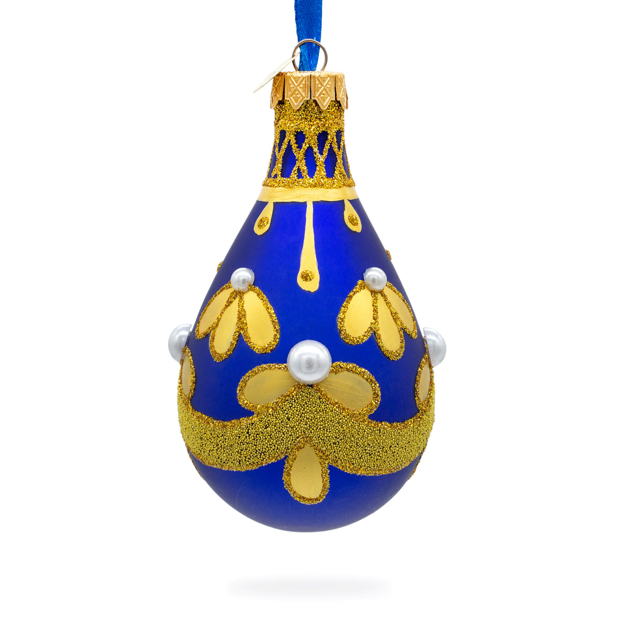 Gold Pattern on Blue Waterdrop Finial Glass Christmas Ornament in Blue color,  shape