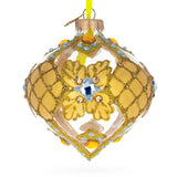 Jeweled Golden Leaves on Clear Glass Onion Finial Christmas Ornament in Clear color, Rhombus shape