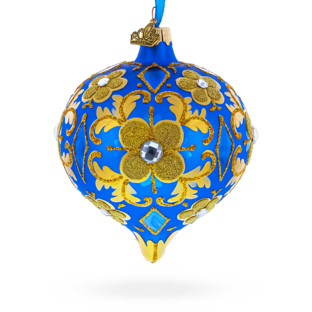 Jeweled Golden Leaves on Blue Onion-Shape Finial Glass Christmas Ornament in Blue color Finial