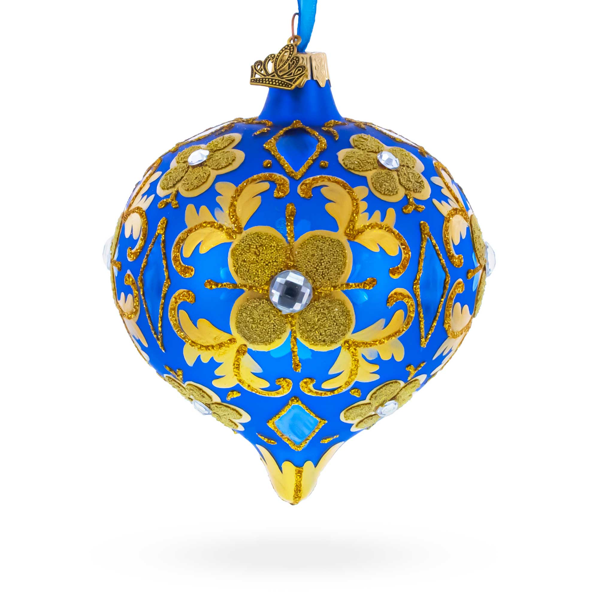 Jeweled Golden Leaves on Blue Onion-Shape Finial Glass Christmas Ornament in Blue color Finial