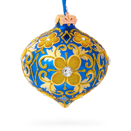 Jeweled Golden Leaves on Blue Pointed Teardrop Finial Glass Christmas Ornament in Blue color Finial