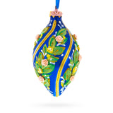 Swirl Roses on Blue Pointed Teardrop Finial Glass Christmas Ornament in Blue color Finial