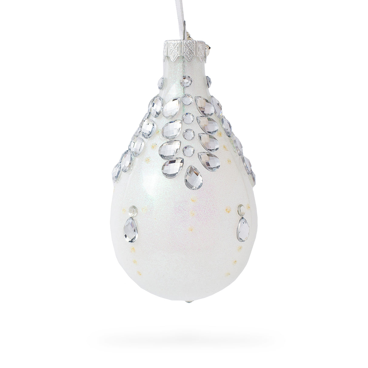 Diamonds on Clear Waterdrop Finial Glass Christmas Ornament in White color,  shape