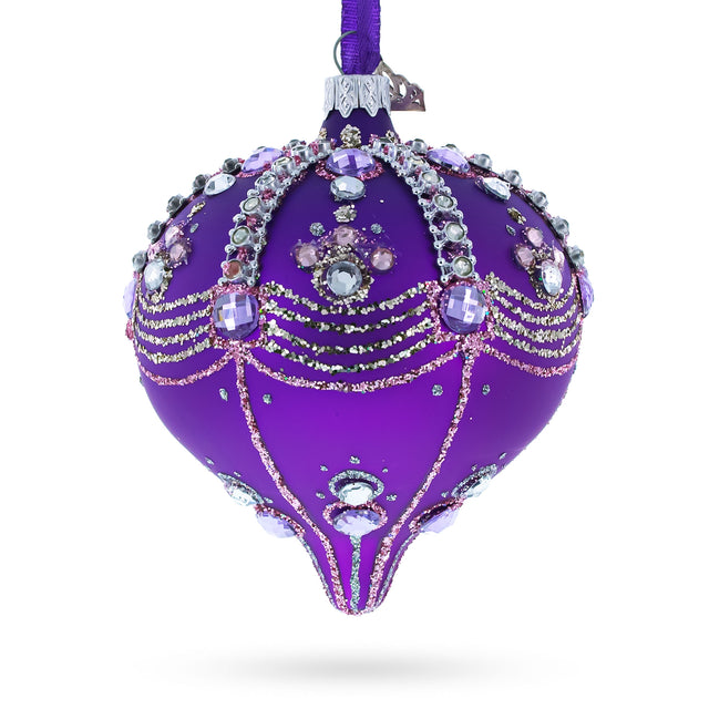 Sparkly Diamonds on Purple Teardrop Finial Glass Christmas Ornament in Purple color Finial