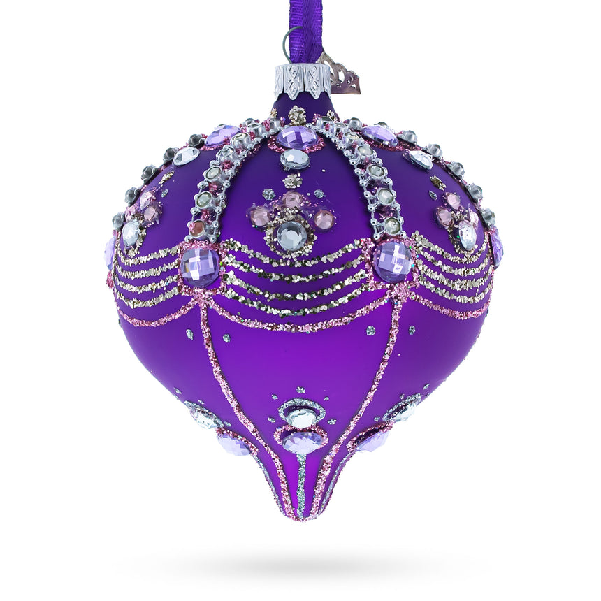 Sparkly Diamonds on Purple Teardrop Finial Glass Christmas Ornament in Purple color Finial