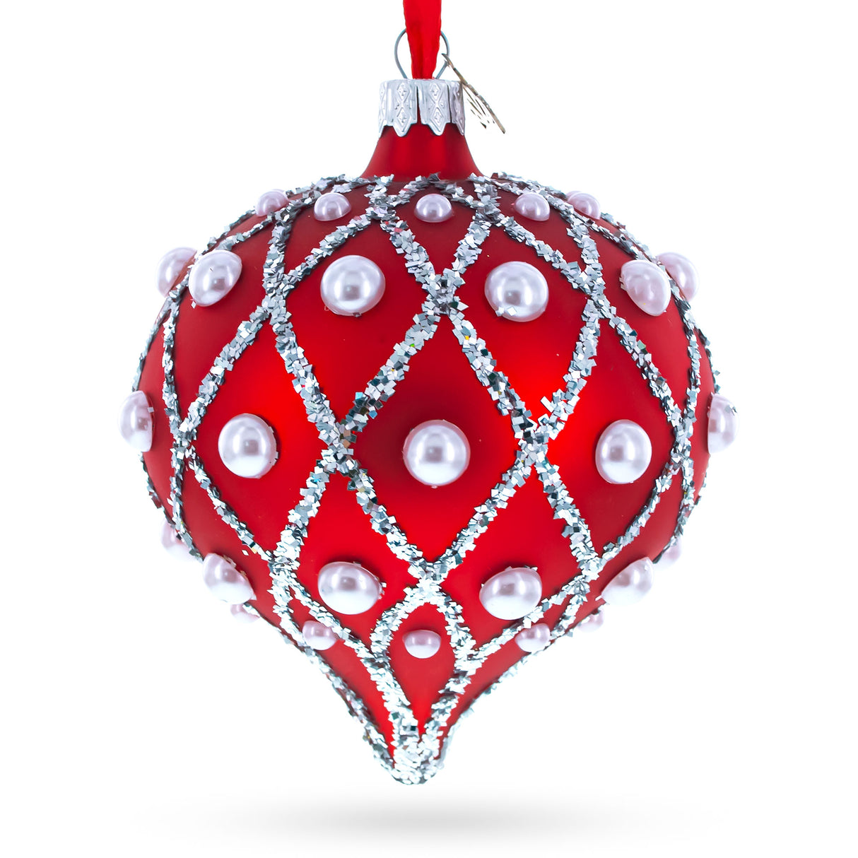 Pearls on Red Icat Glass Onion Finial Christmas Ornament in Red color, Rhombus shape