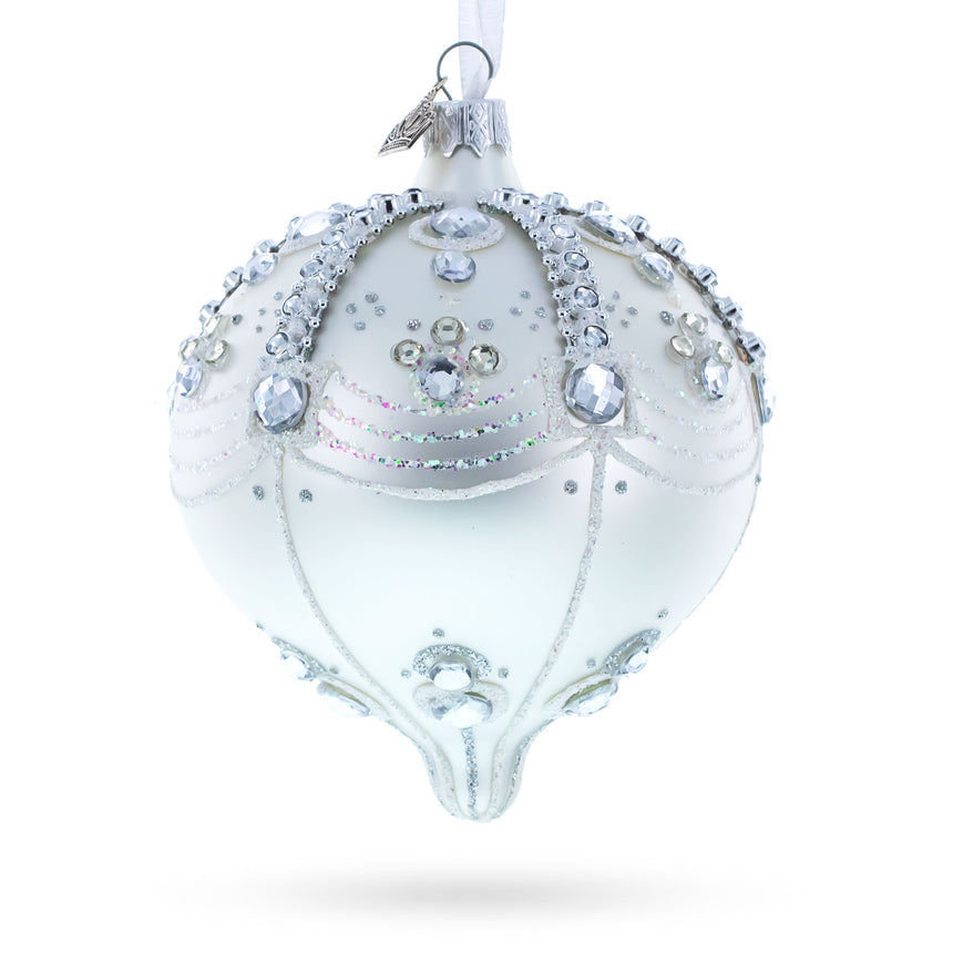 White Jewels on Silver Teardrop Shape Glass Ornament in White color Finial