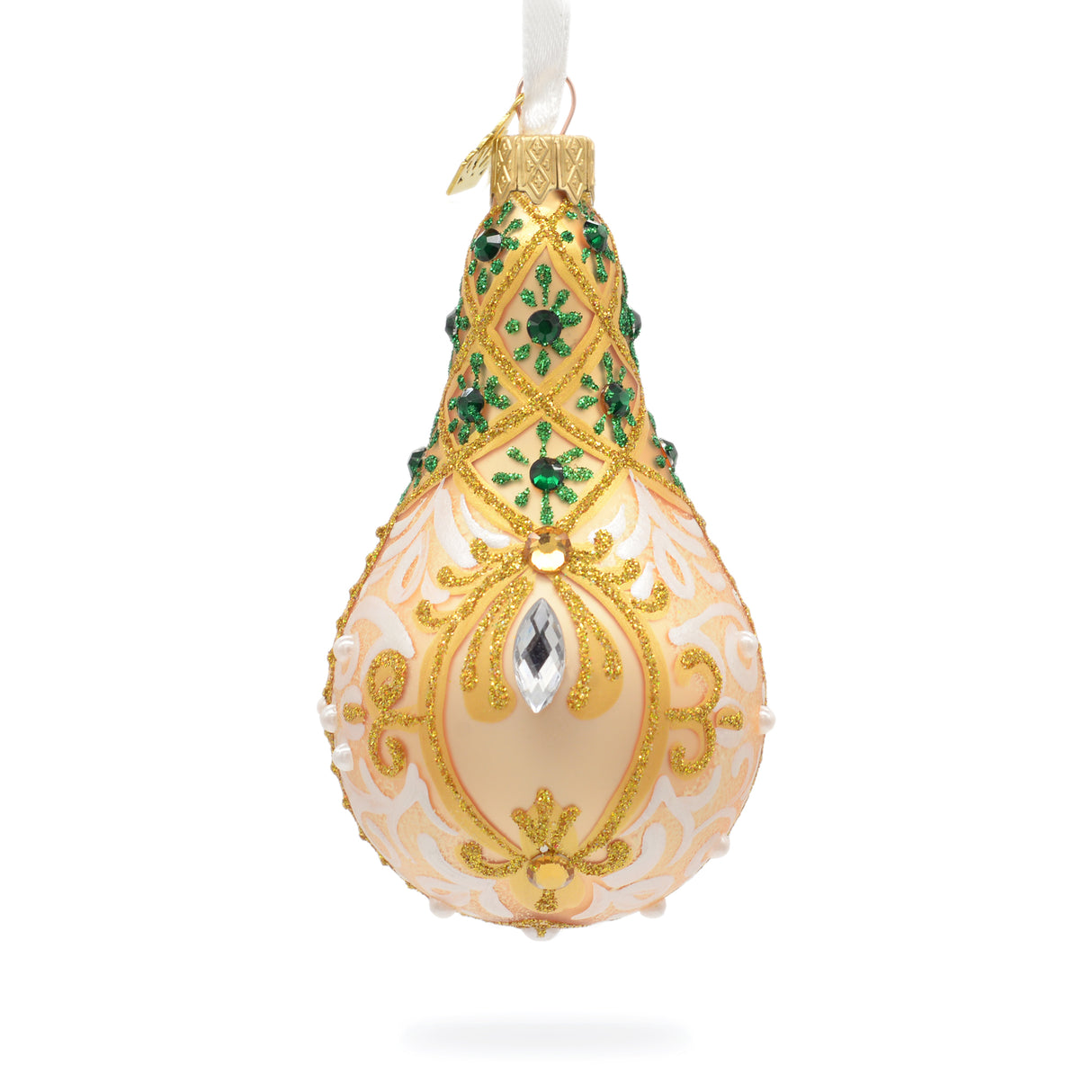 Swirls on Champagne Bejeweled Glass Waterdrop Ornament in Gold color,  shape