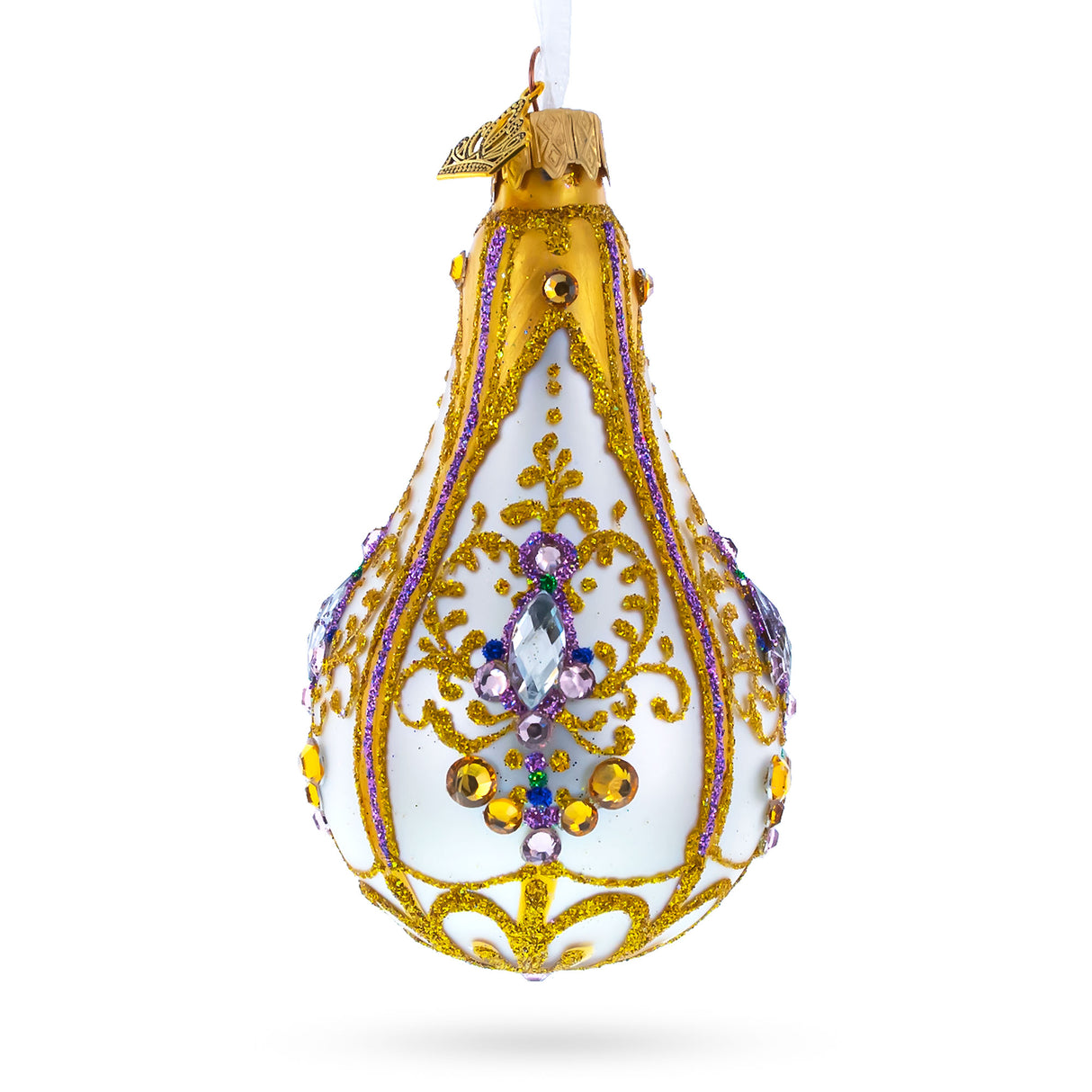 Multicolored Jewels on Golden Swirls Waterdrop Glass Ornament in Gold color,  shape