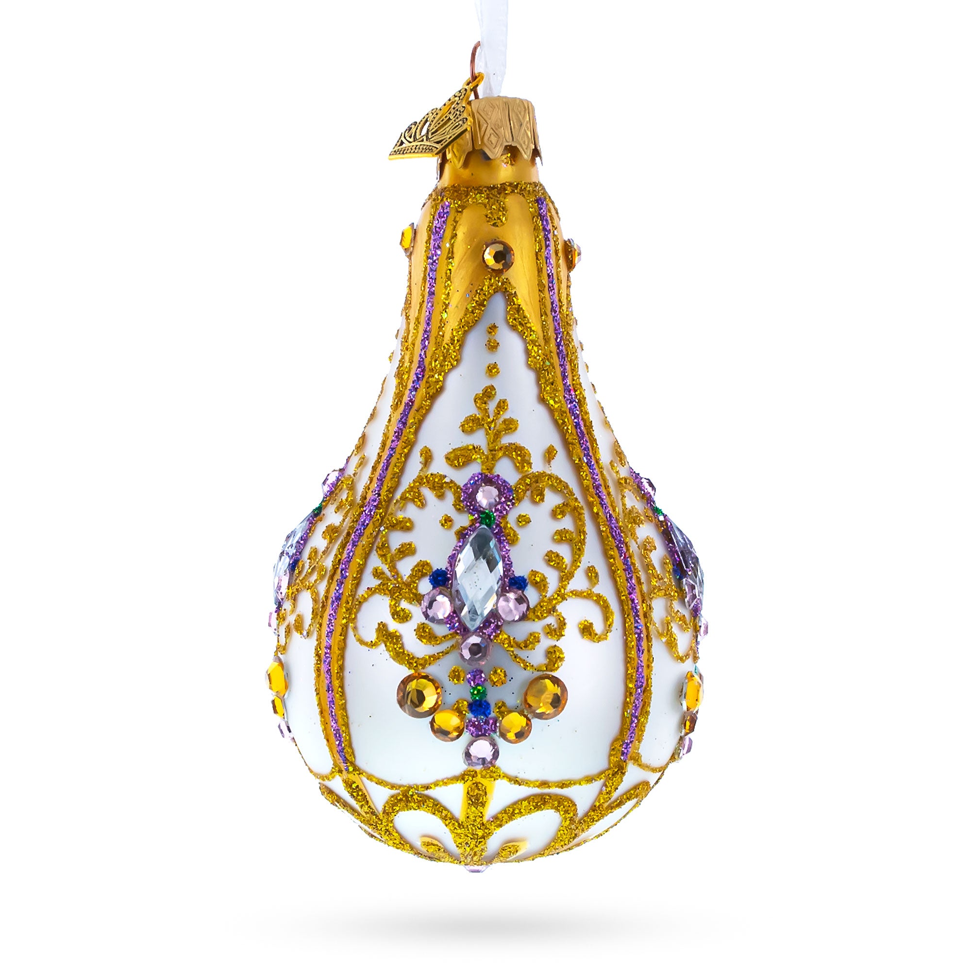 Multicolored Jewels on Golden Swirls Pear Shape Finial Glass Ornament in Gold color Finial