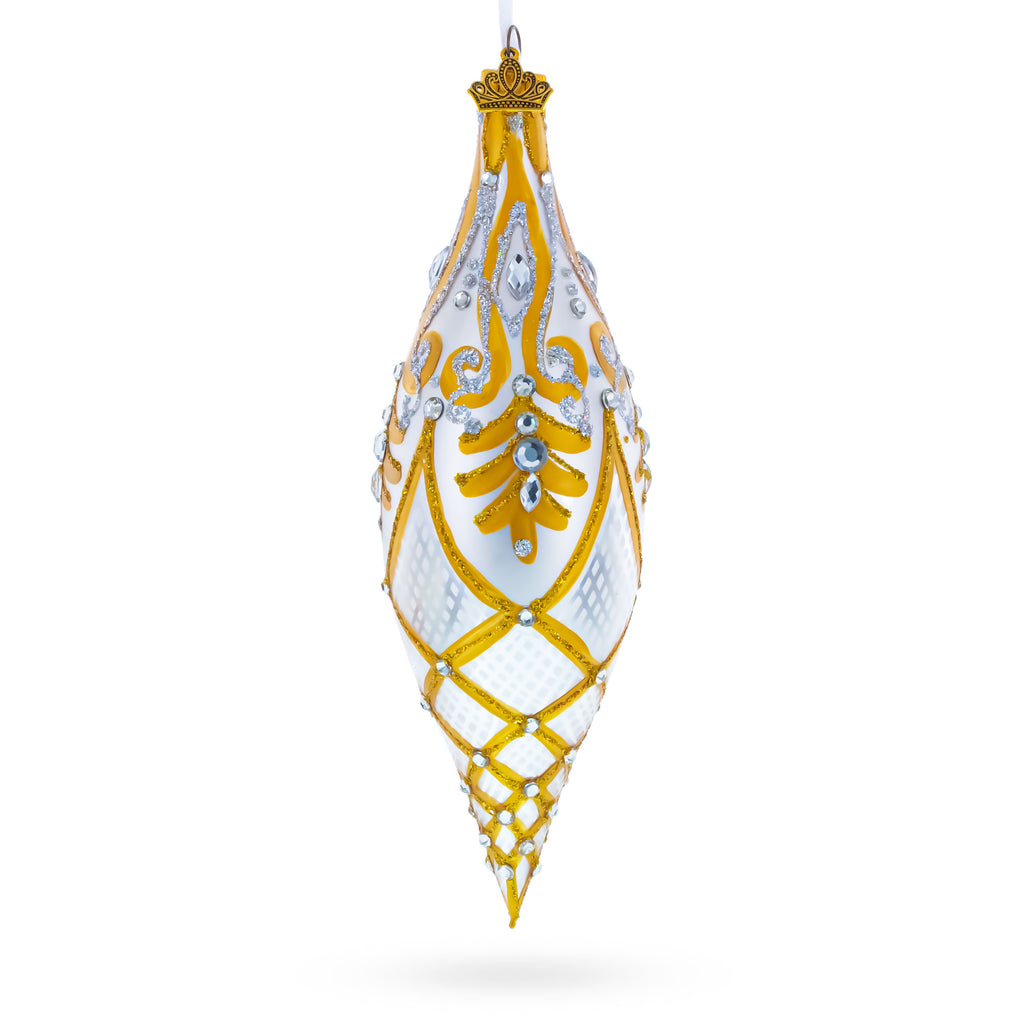 Gold & White Baroque-Style Gem-Encrusted Elongated Pointed Teardrop Finial Glass Christmas Ornament in Silver color Finial