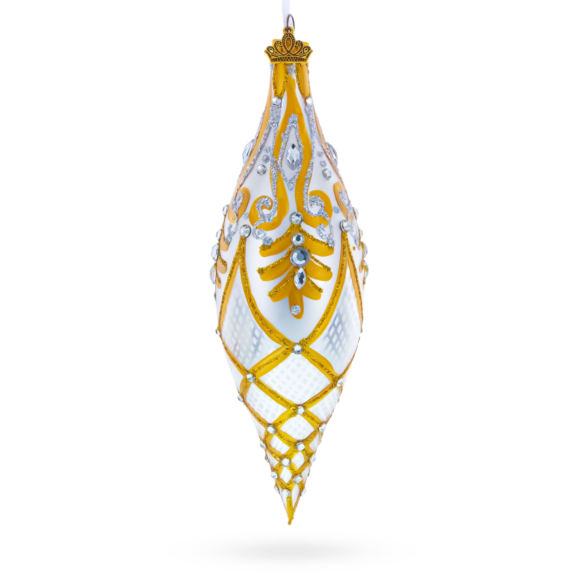 Gold & White Baroque-Style Gem-Encrusted Elongated Pointed Teardrop Finial Glass Christmas Ornament in Silver color Finial