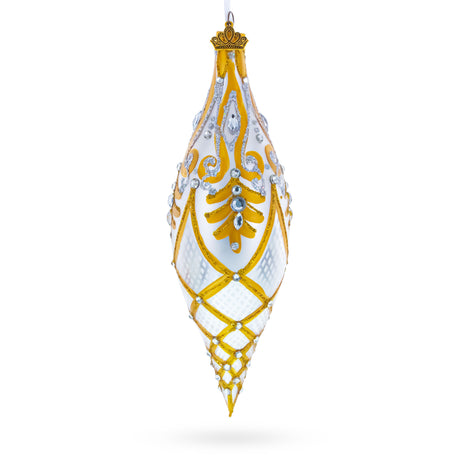 Gold & White Baroque-Style Gem-Encrusted Elongated Pointed TeardropFinial Glass Christmas Ornament in Silver color Finial