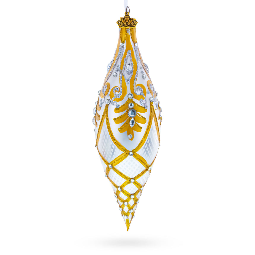 Gold & White Baroque-Style Gem-Encrusted Elongated Pointed TeardropFinial Glass Christmas Ornament in Silver color Finial