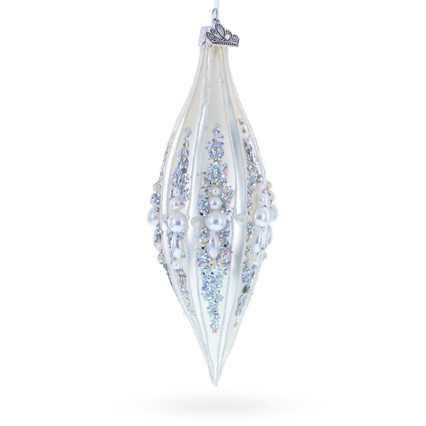 Pearl and Glitter Jeweled Elongated Pointed Teardrop Finial Glass Christmas Ornament in White color Finial